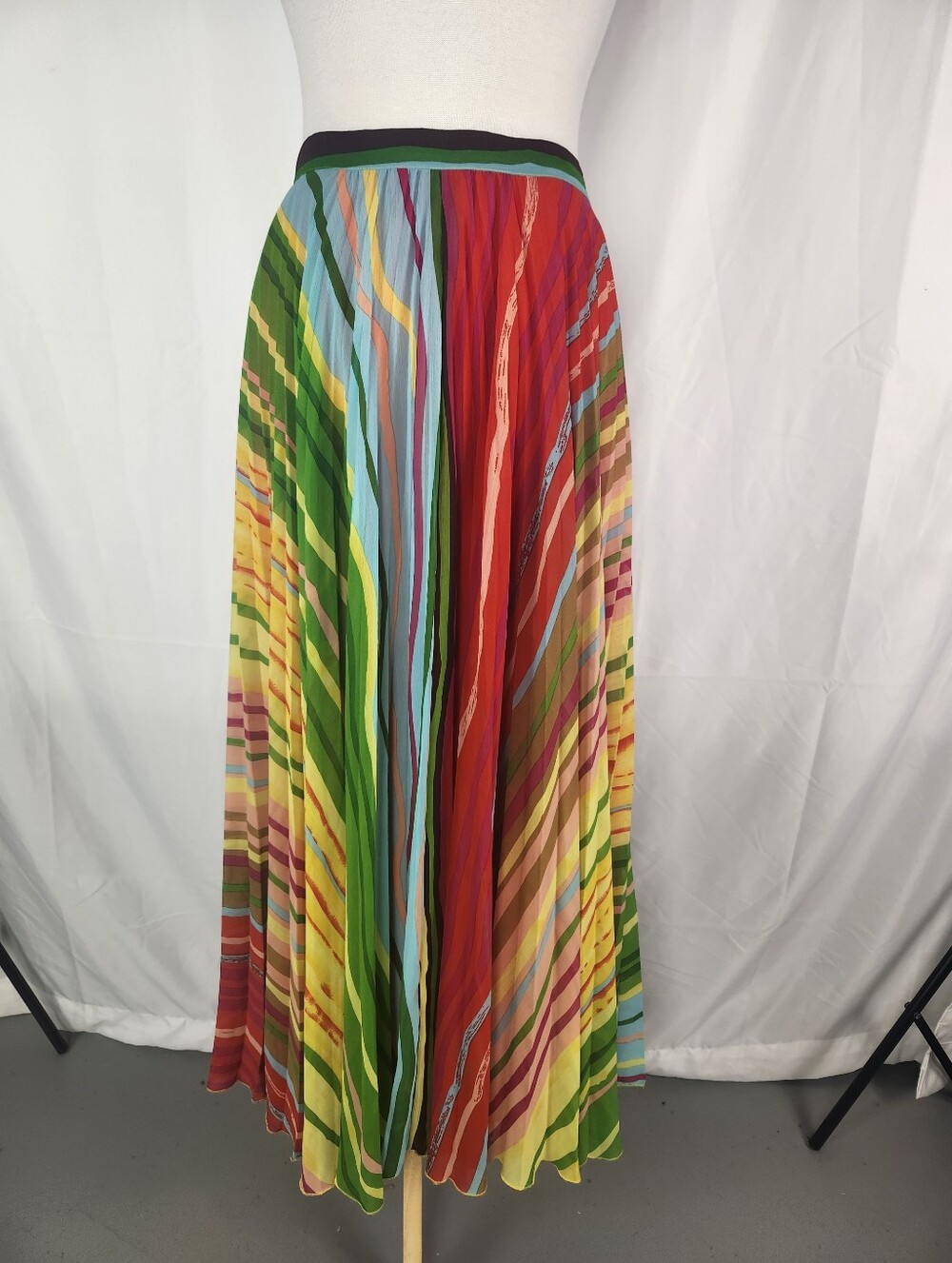 Soft Surroundings Spring Fling Pleated Maxi Skirt M Colorful Stripe Boho Artwear